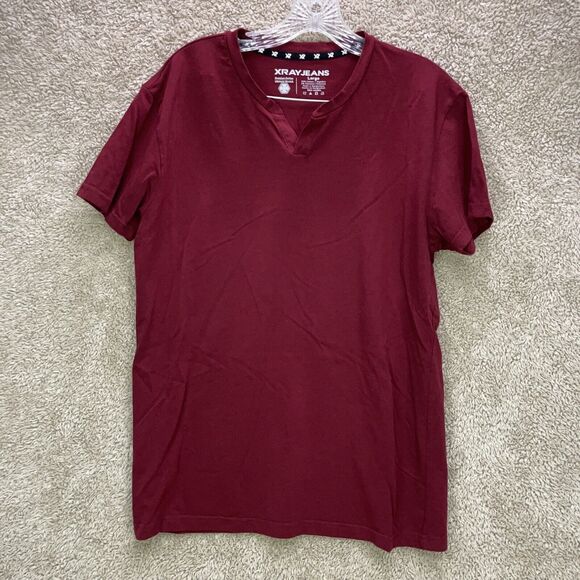 Xray Jeans V-Neck T-Shirt Burgundy Short Sleeve Henley Solid Mens Size L LARGE - Picture 1 of 7